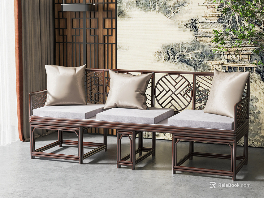 Chinese Style Three Seater Sofa With Wooden Frame Geometric Carving Gray Cushions And Beige Pillows 3d model 