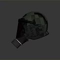Green Protective Helmet With Transparent Visor Red Stains And Silver Filter