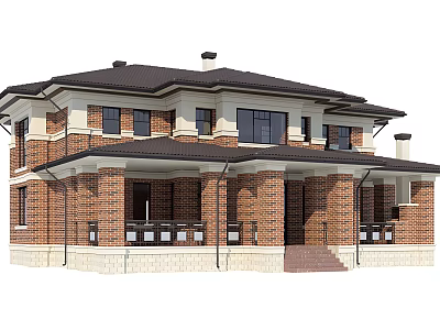 Traditional Two Story Brick House With Black Roof Porch And Windows 3d model