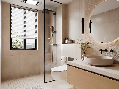 Modern Bathroom Decorative Ornaments Combination with Vase Plant Round Mirror and Vanity 3d model