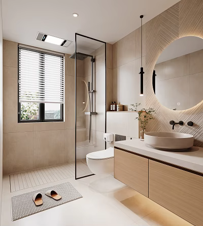 Modern Bathroom Decorative Ornaments Combination with Vase Plant Round Mirror and Vanity 3d model