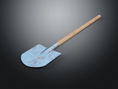Rustic Shovel With Wooden Handle And Blue Blade Isolated On Dark Background 3d model