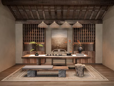 Traditional Tea Room Interior With Wooden Ceiling Pendant Lights Lattice Shelves And Tea Sets 3d model