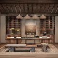 Traditional Tea Room Interior With Wooden Ceiling Pendant Lights Lattice Shelves And Tea Sets