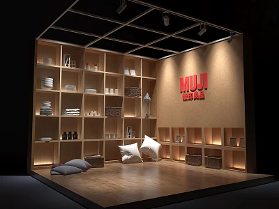MUJI Display Area With Wooden Shelves Display Items Cushions And Warm Lighting On Wooden Floor 3d model