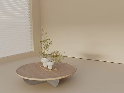 Contemporary Sofa Coffee Table Set Round Wooden Top Gray Base White Flower Pots Green Plants 3d model