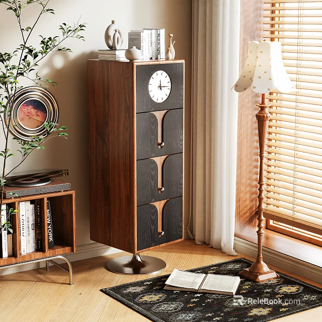 Walnut Wooden Storage Cabinet with Black Drawers Clock on Top Floor Lamp Plant in Cozy Interior 3d model 