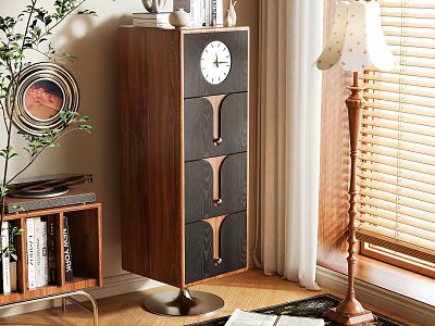 Walnut Wooden Storage Cabinet with Black Drawers Clock on Top Floor Lamp Plant in Cozy Interior 3d model