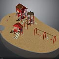 Red Playground Structures With Slides Swings Sand Area And Climbing Features