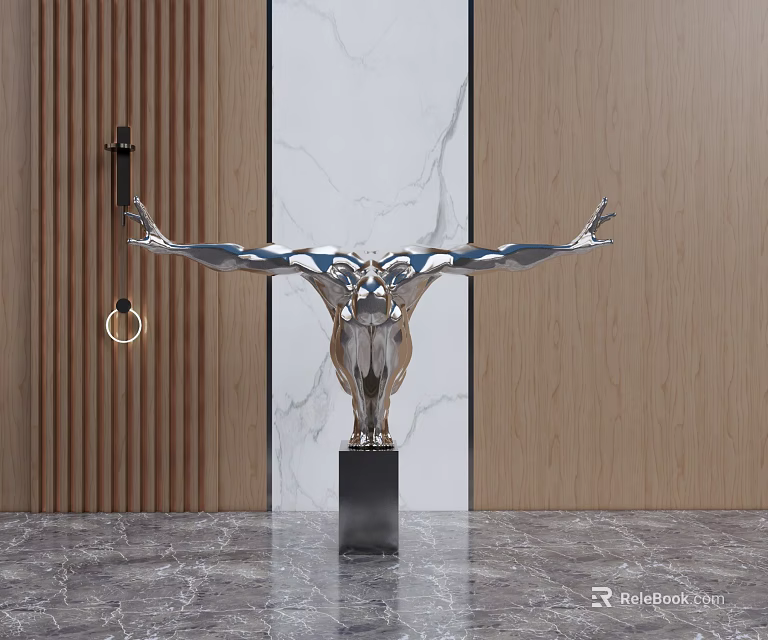 Silver Human Figure Sculpture with Outstretched Arms on Black Pedestal and Marble Wall Background 3d model 