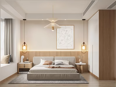 Modern Bedroom Interior Design With Wooden Headboard Hanging Lamps And Wall Art 3d model