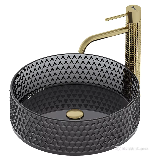 Black Textured Vessel Washbasin With Gold Faucet And Geometric Pattern Design 3d model 