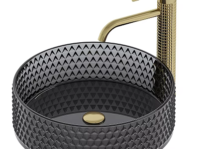 Black Textured Vessel Washbasin With Gold Faucet And Geometric Pattern Design 3d model
