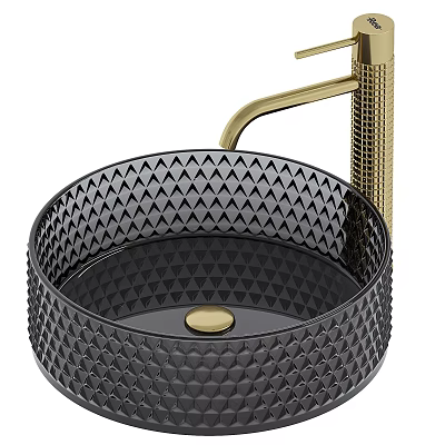 Black Textured Vessel Washbasin With Gold Faucet And Geometric Pattern Design 3d model