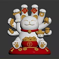 Decorative Ornament Set with White Lucky Cat Multiple Paws Gold Ingots Coins Red Base and Collar