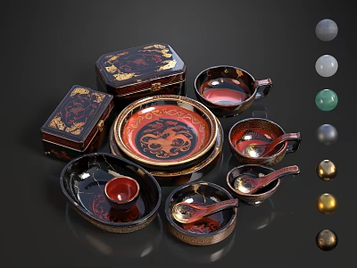 Elegant Traditional Chinese Lacquer Tableware And Tea Set With Exquisite Red Black Gilded Patterns 3d model