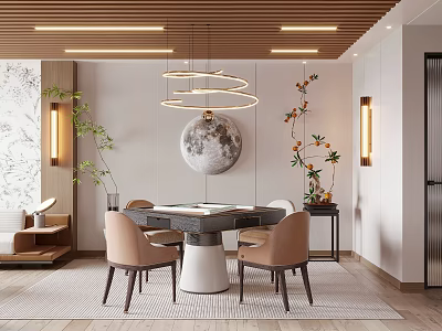 Modern Hotel Mahjong Room Interior With Circular Pendant Lights Moon Decoration And Comfortable Chairs 3d model