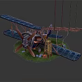 Blue Biplane Model With Wooden Ladder Green Grass Red Flowers And Control Strings