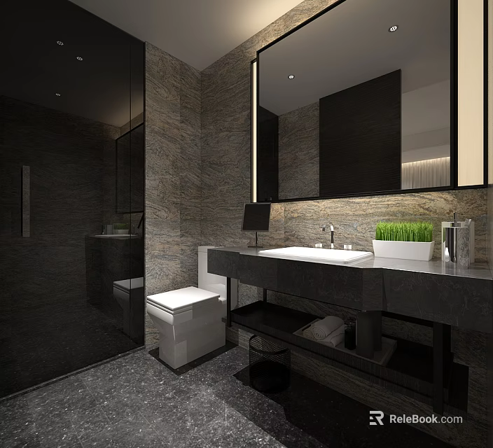 Modern Hotel Bathroom Design With Marble Walls Large Mirror Vanity Sink And Recessed Lighting 3d model 