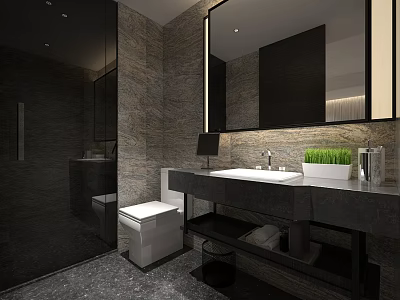 Modern Hotel Bathroom Design With Marble Walls Large Mirror Vanity Sink And Recessed Lighting 3d model