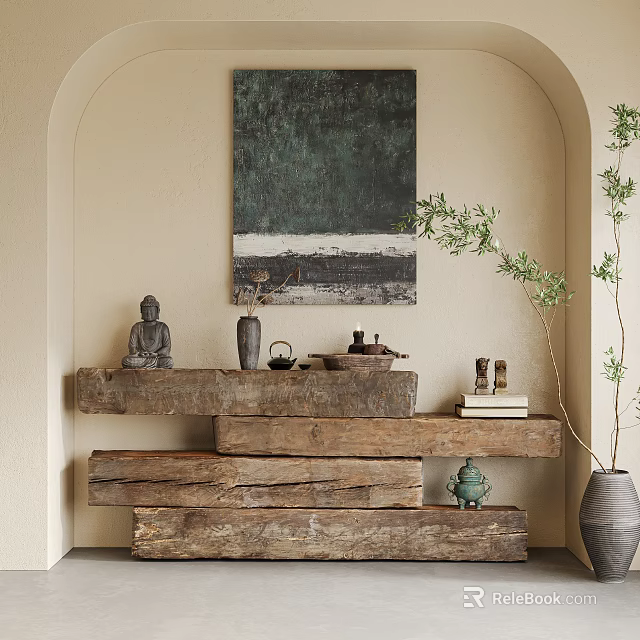 Zen Interior With Arched Wall Green Abstract Art Wooden Shelf Buddha Statue And Plant 3d model 