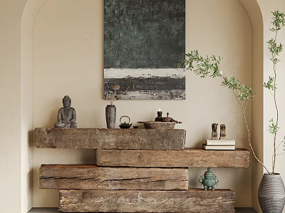 Zen Interior With Arched Wall Green Abstract Art Wooden Shelf Buddha Statue And Plant 3d model