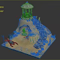 Cartoon Scene With Spiral Staircase Gazebo On Top Colorful Plants Cave And Blue Dragon Creature