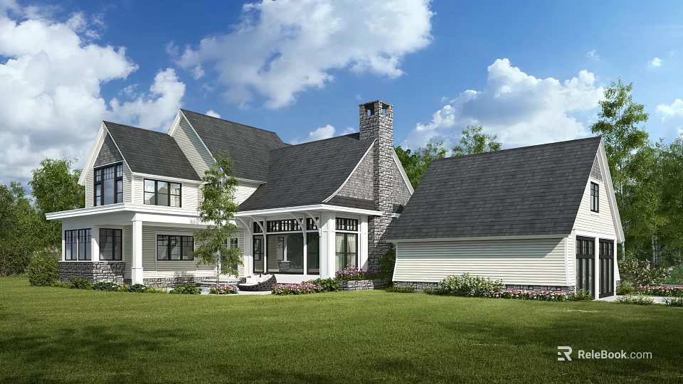 Modern Detached House Exterior With Gray Roof Chimney Large Windows And Lush Green Lawn 3d model 