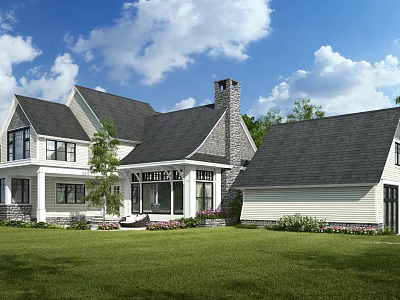 Modern Detached House Exterior With Gray Roof Chimney Large Windows And Lush Green Lawn 3d model