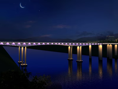Illuminated Bridge Over River at Night with Moon and Night Sky Reflections 3d model