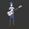 Anime Style Girl With Blue Hair Holding White Electric Bass Guitar In School Uniform Outfit