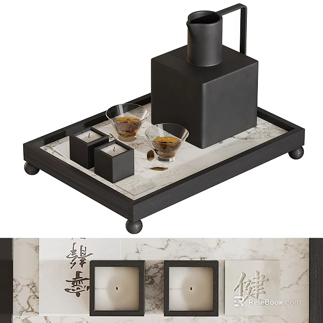 Sleek Modern Black Marble Tea Set Tray With Glass Cups And Design 3d model 