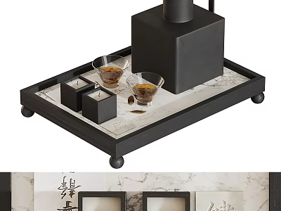 Sleek Modern Black Marble Tea Set Tray With Glass Cups And Design 3d model