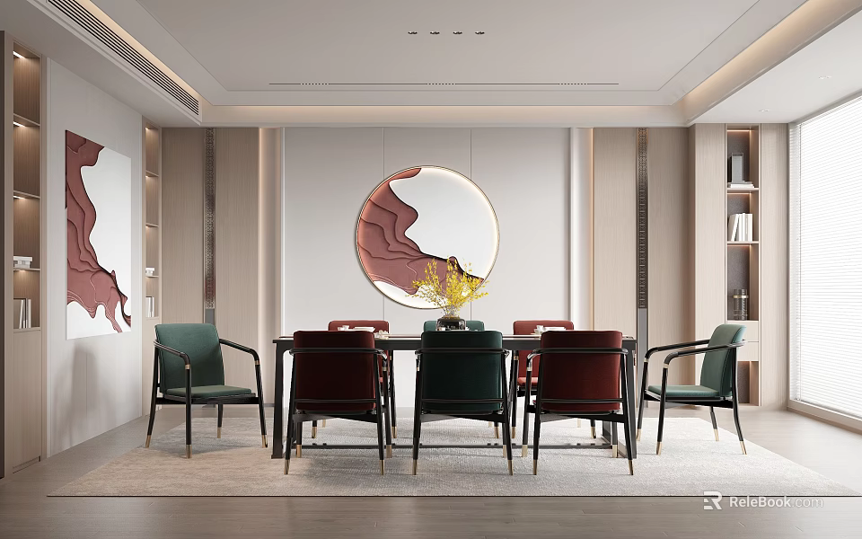 Elegant Restaurant Interior With Circular Decorative Mirror Dining Table Colorful Chairs And Yellow Flower Vase 3d model 