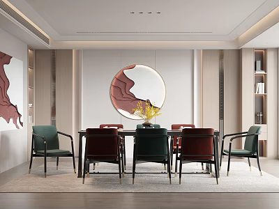 Elegant Restaurant Interior With Circular Decorative Mirror Dining Table Colorful Chairs And Yellow Flower Vase 3d model