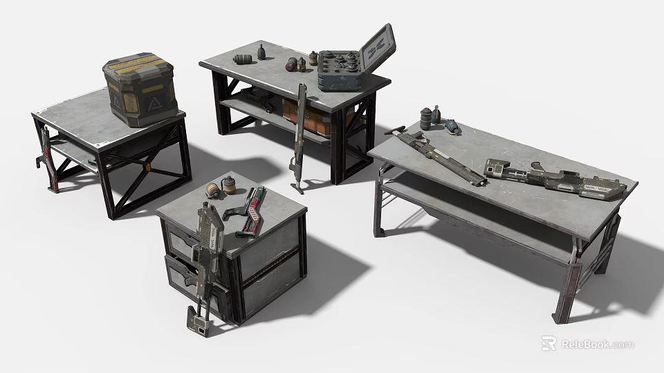 Various Industrial Equipment Setup on Metal Workbenches with Tools and Mechanical Components 3d model 