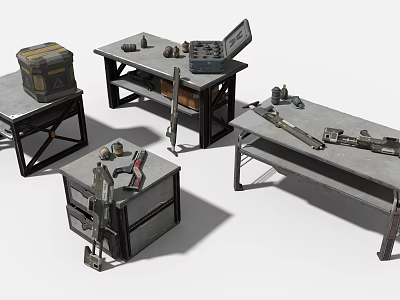 Various Industrial Equipment Setup on Metal Workbenches with Tools and Mechanical Components 3d model