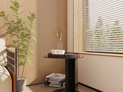 Modern Living Room Side Table With Vase Bowl And Stacked Books By Window Blinds 3d model