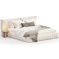 Modern Pleated Linen Upholstered Double Bed With Cozy Bedding And Minimalist Wooden Round Side Table