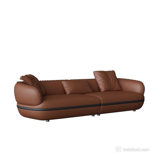 Modern Brown Leather Multi Seater Sofa With Stitched Details And Metal Legs 3d model