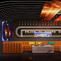 Modern KTV Interior Design With Neon Lights Orange Sofa Marble Tables And 24 Hours Sign