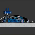 Cartoon Scene of Futuristic Blue Dome Building With Tall Tower Green Lawn Circular Pathway And Decorative Pillars