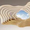 Elegant Modern Layered Wavy Ceiling Design With Recessed Lighting And Sky Cloud Reflection 3d model