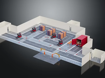 Modern Logistics Warehouse Facility With Forklifts Stacked Boxes And Entrance Layout 3d model