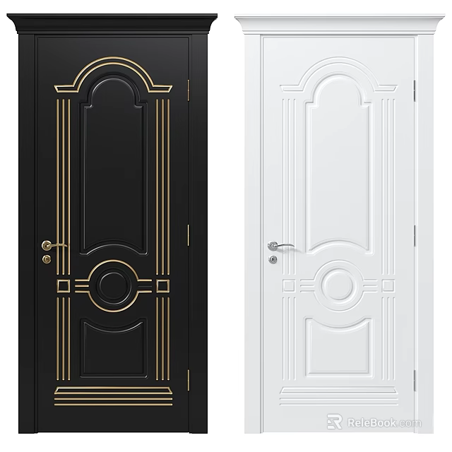 Elegant Black and White Hinged Doors with Gold Accents and Ornate Carved Details 3d model 