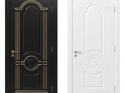 Elegant Black and White Hinged Doors with Gold Accents and Ornate Carved Details 3d model