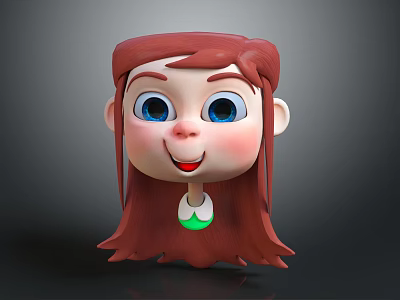 Cartoon Child Character With Red Long Hair And Blue Big Smiling Eyes 3d model