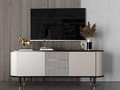 Modern TV Stand With Metal Accents Drawers Cabinets Golden Horse Ornament Vase And Pampas Grass 3d model