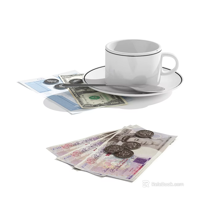 Elegant Jewelry Pieces Displayed With US Dollars British Pounds And Coins 3d model 
