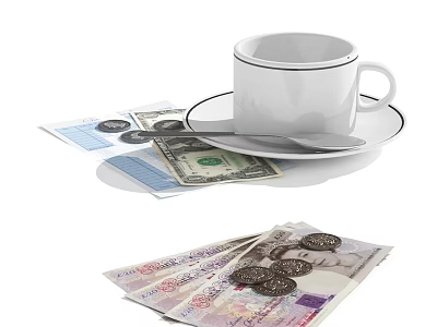 Elegant Jewelry Pieces Displayed With US Dollars British Pounds And Coins 3d model
